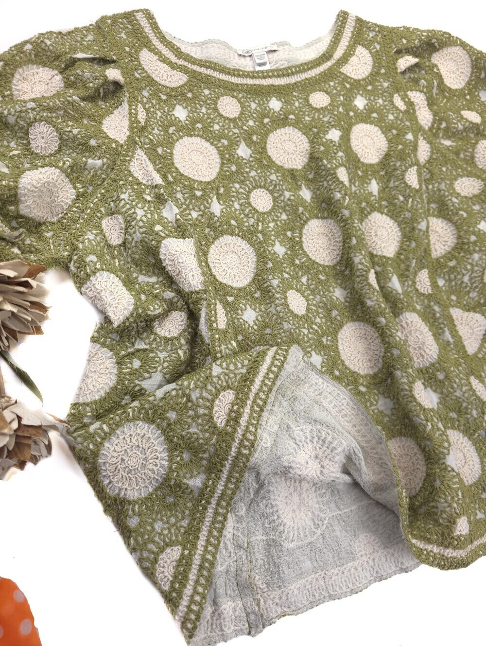 Crocheted Olive Green and Cream Polka Dot Sweater Sz 22 / 24